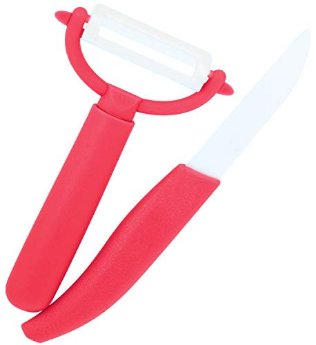 com-four® 2-teiliges Set aus Keramik Schäler und Messer - Schälmesser sehr scharf und 100% rostfrei - für Obst und Gemüse (rot) von com-four