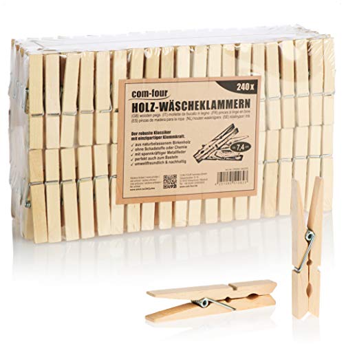 com-four® 240x Wäscheklammern aus Holz - Nachhaltige Holzklammern aus Birkenholz - unbehandelte Holzwäscheklammern zum Wäscheaufhängen und Basteln (240 Stück - Birke) von com-four