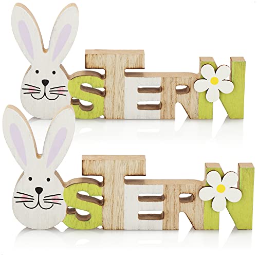 com-four® 2X Deko Aufsteller für Ostern - Schriftzug mit Osterhase - Osterdeko zum Hinstellen - Osterdekoration aus Holz (2 Stück - braun/grün/weiß) von com-four