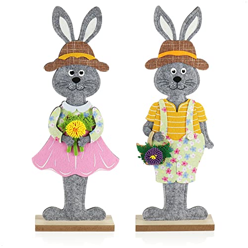 com-four® 2X Deko Aufsteller für Ostern und Frühling - Bunte Deko-Figuren - niedliches Hasen-Paar - Filz-Osterhasen als Wohnraumdekoration mit Holzfuß (2 Stück - bunt 50cm) von com-four