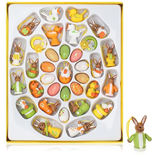 com-four® 34-teiliges Set Holzfiguren Ostern - bis 4 cm - Osterschmuck aus Holz - Holzfiguren für den Osterstrauch zum Anhängen (034 Anhänger bunt) von com-four