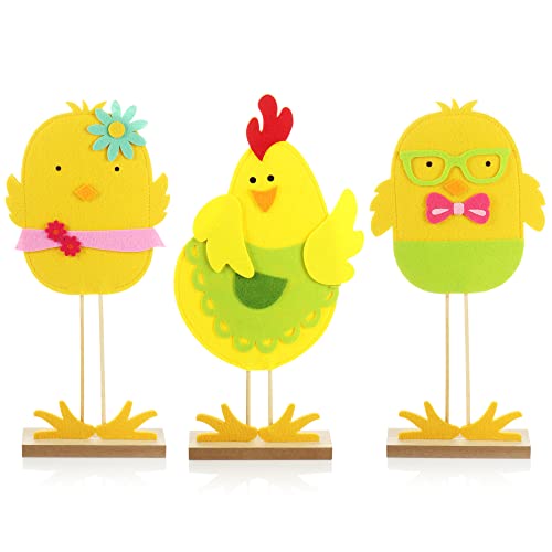 com-four® 3X Deko Aufsteller Huhn - Osterdekoration aus Filz und Holz zum Hinstellen - Niedliche Filz-Hühner [Auswahl variiert] (3 Stück - bunt 40cm) von com-four