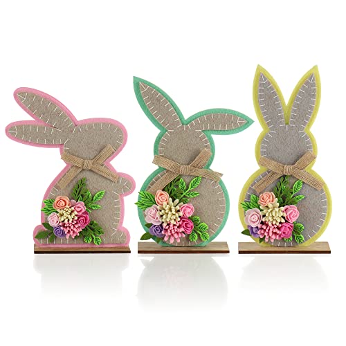 com-four® 3X Deko-Aufsteller Osterhase - Osterdekoration zum Hinstellen - Osterhase aus Filz mit Blumen und Holzfuß - Ostern (3 Stück - bunt 25cm) von com-four