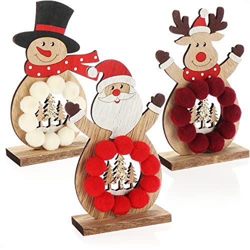 com-four® 3X Holz-Aufsteller für Weihnachten - Rentier, Weihnachtsmann und Schneemann aus Holz zum Hinstellen - Deko Holzfiguren Zierschmuck (Trio - dunkelrot/weiß/rot) von com-four