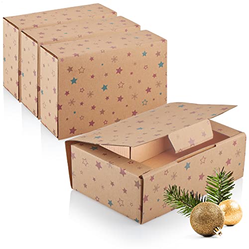 com-four® 4X Geschenkschachtel für Weihnachten - Geschenkboxen mit Weihnachtsmotiven - Faltbox aus stabilen Pappkarton - Faltbare Pappbox (4 Stück - braun - Schneeflocke/Sterne) von com-four