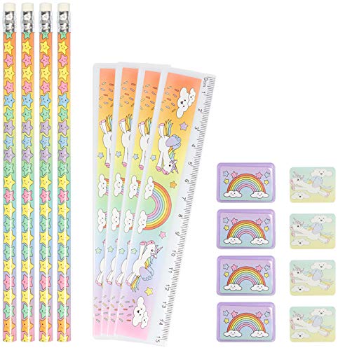 com-four® 4X Schreibset Kinder - Schulschreibset mit Bleistift, Lineal, Anspitzer und Radiergummi - Schreibset Einhorn für Mädchen (16-teilig - Einhorn) von com-four