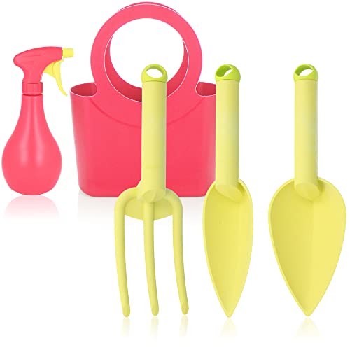 com-four® Gartenwerkzeug-Set – Gartenhelfer mit Sprühflasche und Tragetasche – Leichtes Pflanzwerkzeug für Junge Gärtner und ältere Naturfreunde – Handliche Gartengeräte (5-teilig pink) von com-four