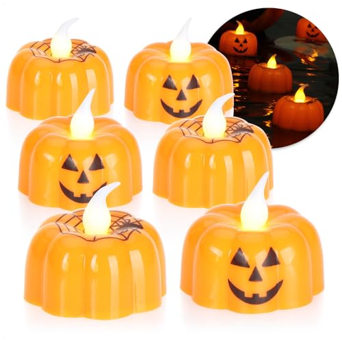 com-four® 6x LED Teelichter Halloween - flackernde Teelichter in Kürbisform - batteriebetriebene LED-Kerzen - Stimmungsbeleuchtung für Kürbisse (Set orange Kürbislichter) von com-four