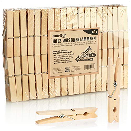 com-four® 80x Wäscheklammern XL aus Holz - Nachhaltige Holzklammern aus Birkenholz - unbehandelte Holzwäscheklammern zum Wäscheaufhängen, ca. 9 cm (080 Stück - Birke - XL) von com-four