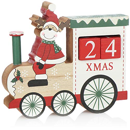 com-four® Adventskalender aus Holz - Würfelkalender in Zug-Form - dekorativer Tischkalender als Countdown bis Weihnachten - Holzblockkalender (Zug - Rentier) von com-four