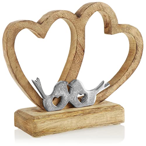 com-four® Deko-Aufsteller Herz - Holz-Herz auf Holzsockel - Deko-Herz aus Holz mit 2 Vögeln aus Metall zum Hinstellen - Herzdeko zum Verschenken (Holzherz mit Vögeln) von com-four