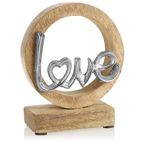 com-four® Deko Aufsteller Love - Schriftzug aus Metall im Kreis aus Mangoholz - Deko-Schriftzug zum Hinstellen - 12x15x5cm (01 Stück - Love 12cm) von com-four