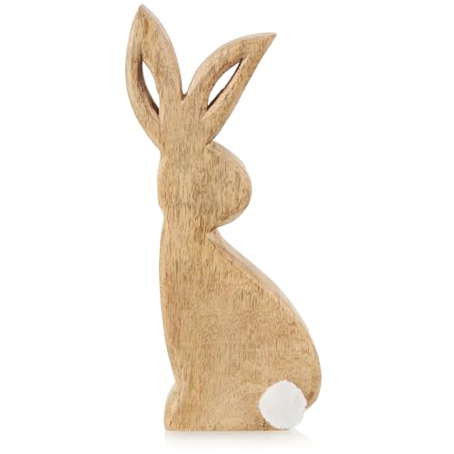 com-four® Deko-Hase aus Mangoholz - Dekorativer Holz-Osterhase zum Hinstellen - Aufsteller Hase als Osterdekoration (1 Stück - Hase mit Plüschschwanz) von com-four