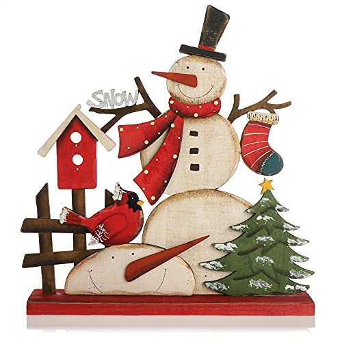 com-four® Dekorativer Aufsteller für Weihnachten - Schneemann aus Holz zum Hinstellen - Weihnachtsdekoration zum Verzieren und Verschenken (Schneemann mit Vogelhaus) von com-four