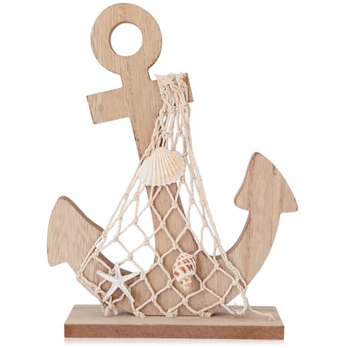 com-four® Holz-Dekoration - Maritime Tischdeko - Anker-Figur aus Holz mit Netz und Muscheln - nautische Wohnraumdekoration - rustikaler Deko-Aufsteller von com-four