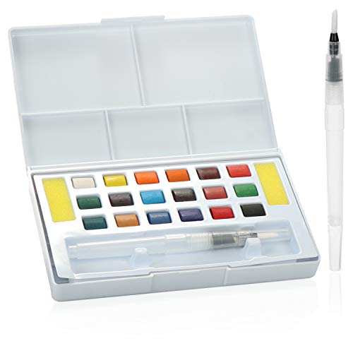 com-four® Wassermalset mit 18 Wassermalfarben und 2 Wassertankpinseln im Malkasten - optimal, um unterwegs Aquarelle zu zeichnen - für Freizeit, Hobby, Schule (Wassertankpinseln+Malkasten) von com-four