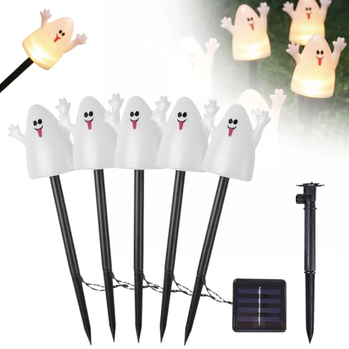 Halloween Pumpkin Garden Stake Solar Light, 2024 Neuest Kürbis Solar Gartenlampe, Halloween Lichter 5PCS Halloween Deko Lichterkette mit Erdspieß Halloween Deko Outdoor Garten für Garten (Geist) von comepew