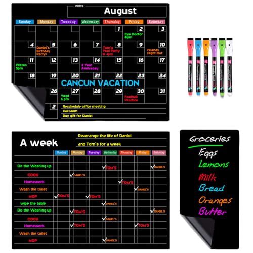 Magnetic Schedule Planner For Fridge, 2024 Neuest Kühlschrankplaner mit 6Farbigen Markern Radiergummi 3 Planner, Magnetische Abwischbare Kalender Wiederverwendbar für Haus Büro Schule (BLACK-A) von comepew