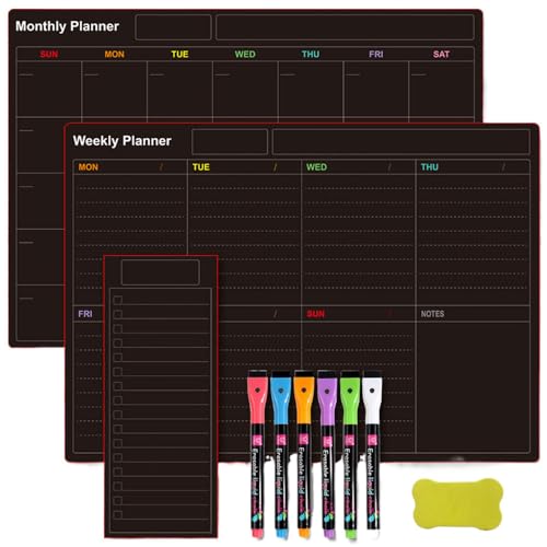 Magnetic Schedule Planner For Fridge, 2024 Neuest Kühlschrankplaner mit 6Farbigen Markern Radiergummi 3 Planner, Magnetische Abwischbare Kalender Wiederverwendbar für Haus Büro Schule (BLACK-B) von comepew