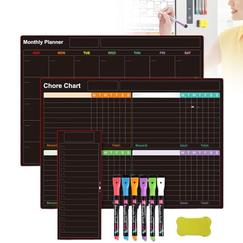 Magnetic Schedule Planner For Fridge, 2024 Neuest Kühlschrankplaner mit 6Farbigen Markern Radiergummi 3 Planner, Magnetische Abwischbare Kalender Wiederverwendbar für Haus Büro Schule (BLACK-C) von comepew