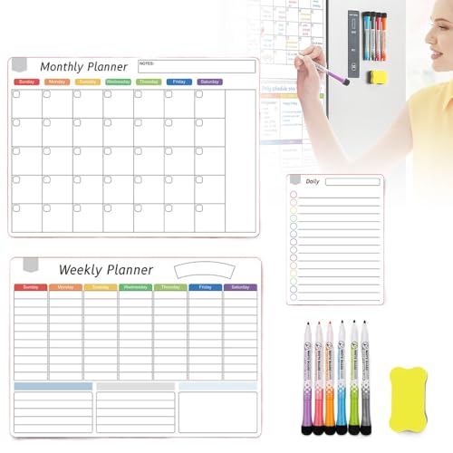 Magnetic Schedule Planner For Fridge, 2024 Neuest Kühlschrankplaner mit 6Farbigen Markern Radiergummi 3 Planner, Magnetische Abwischbare Kalender Wiederverwendbar für Haus Büro Schule (WHITE-A) von comepew