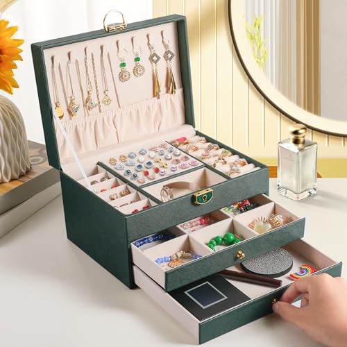 coobest Schmuck-Organizer mit 3 Ebenen und 2 Schubladen, große Schmuckschatullen für Damen, mit Samt-Ohrring-Organizer, abschließbare Schmuckschatullen und Organizer, Weihnachtsgeschenke für Frauen von coobest