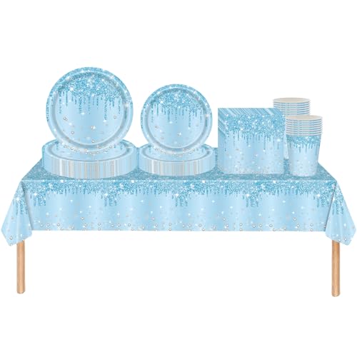 Partygeschirr-Set aus Kunststoff, Party-Tischdecke, Pappteller, Servietten und Becher, Babyblau, 69-teilig, Babyblau, glitzernd, Party-Dekorationen von cosoro