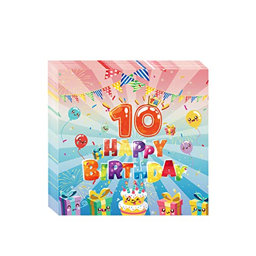 Servietten zum 10. Geburtstag, Kinder, buntes Geschirr zum 10. Geburtstag, Party-Papierserviette, Einweg-Tischdekoration, Serviettentuch für Mädchen, Jungen, Kinder, 10. Geburtstag, Party-Dekoration von cosoro