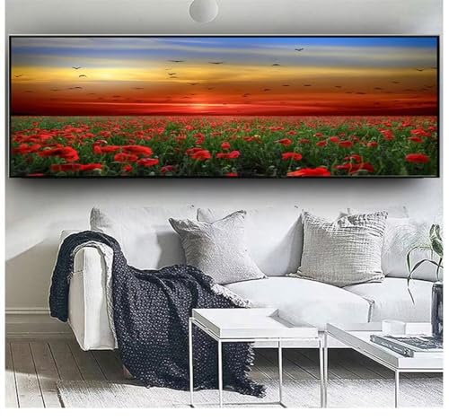 Diamond Painting Großes XXL 40x100cm Diamant Painting Bilder Sonnenuntergang Mohnblumen Diamond Art Erwachsene DIY Full Square Diamant Malerei zubehör Set Kreuzstich Bilder Home Dekor Geschenk K55 von cppxinng