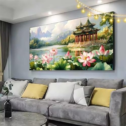 Diamond Painting Landschaft Diamond Painting Kinder Lotus Malen Nach Zahlen mit Eckige Steine Zubehör,DIY Diamant Malerei Puzzle Arts Stickerei Mosaik Bastelset Erwachsene,Deko Geschenke 160x70cm C193 von cppxinng