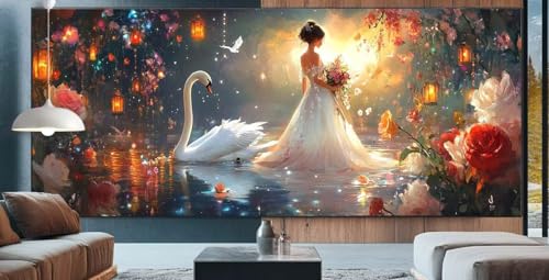 Fee Diamond Painting XXL 100x250cm Diamond Painting Erwachsene Schwan,Diamant Malerei Full Round Kristall Kunst Malen Nach Zahlen,Kreuzstich Mosaik Bastelset Set,Home Dekor Geschenke für Frauen K18 von cppxinng