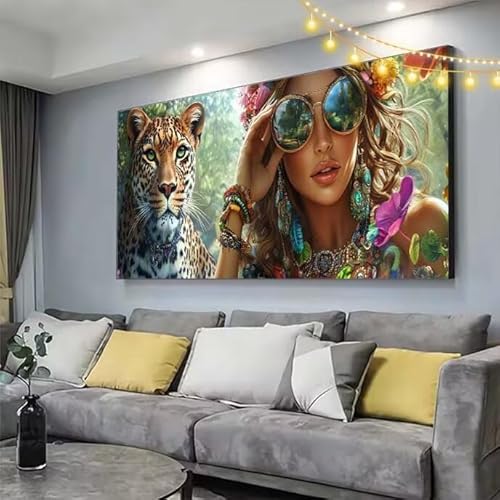 Leopard Diamond Painting XXL 150x80cm Diamant Painting Bilder Frau,5D Vollbohrer Diamant Kunst Malerei Stickerei Kreuzstich DIY Diamond Puzzle Mosaikherstellung Bastelset,Home Dekor Geschenke C117 von cppxinng