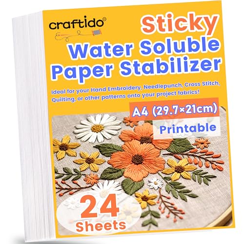 Craftido A4 24PCS (29.7x21cm) Selbstklebende Wasserlösliche Stickvliese, Bedruckbares Auflösungspapier, Mittleres Gewich zum Drucken oder Zeichnen von Mustern geeignet, Maschinen- und Handstickerei von craftido