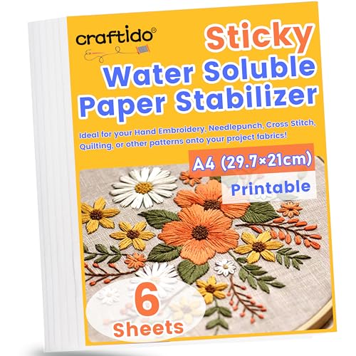 Craftido A4 6PCS (29.7x21cm) Selbstklebende Wasserlösliche Stickvliese, Bedruckbares Auflösungspapier, Mittleres Gewich zum Drucken oder Zeichnen von Mustern geeignet, Maschinen- und Handstickerei von craftido