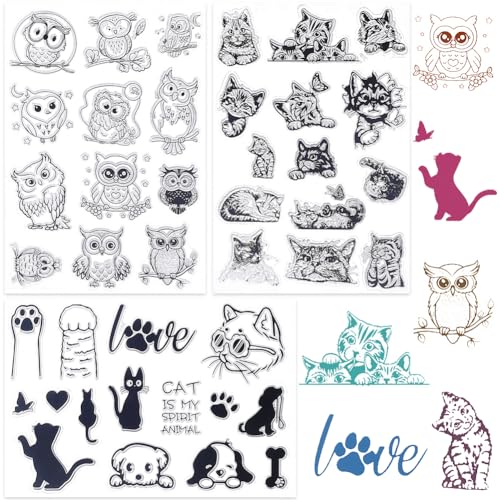 CRASPIRE 3 Stile Eule Clear Stamps Katze Tier Wort Wiederverwendbarer Hintergrund Postmark Transparent Silikon Stempel Dichtungen für Journaling Kartenherstellung Dekor Halloween DIY Scrapbooking von craspire