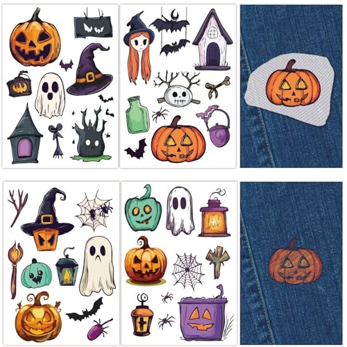 CRASPIRE 4 Bögen Halloween wasserlösliche Stickmuster Kürbis Geist Hexe Fledermaus Nähstab und Stich A4 Transfers Stoffstabilisatoren abwaschen vorgedruckt selbstklebend für Stoffliebhaber von craspire