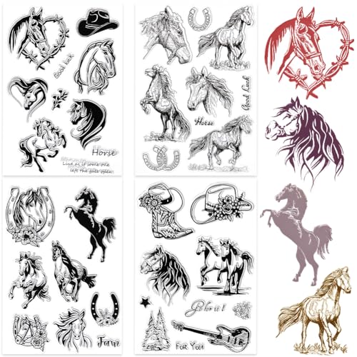 craspire 4 Stile Pferd Klare Stempel Tierwort Wiederverwendbarer Hintergrund Poststempel Retro Transparente Silikonstempel Siegel Für Journaling Kartenherstellung Dekor DIY Scrapbooking Zubehör von craspire