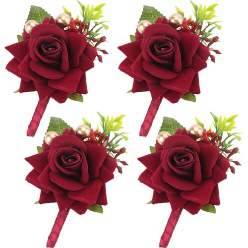 CRASPIRE 4 Stück Rosen-Ansteckblume, Dunkelrote Seiden-Kunststoff-Imitationsblume Mit Grünem Blatt, Ansteckblume, Boutonniere-Brosche-Set Für Trauzeugen, Braut, Bräutigam, Brautjungfern, Abschlussball von craspire