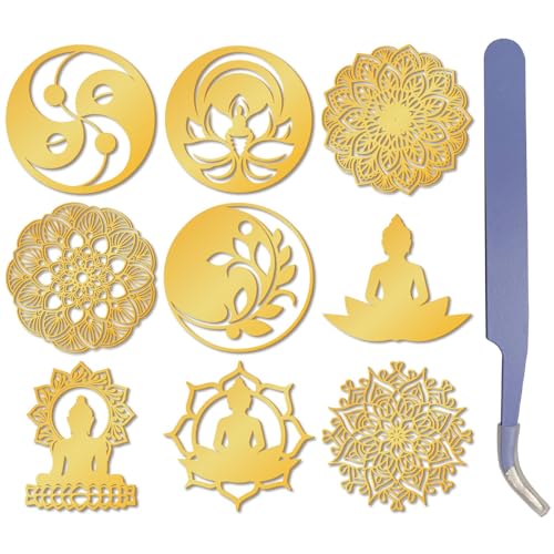 craspire 9 Stück Goldene Metallaufkleber Mit Datura-Buddha-Muster, Blumenaufkleber Mit Pinzette, Orgonit-Aufkleber, Wasserdicht, Selbstklebend, Dekorationsaufkleber, Abziehbilder Für Sammelalben von craspire