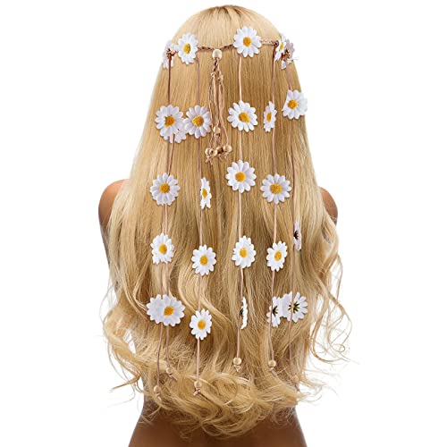 CRASPIRE Blumen-Hippie-Stirnband Sonnenblumen-Stirnbänder Blumenkrone Boho Behemain Weißes Gänseblümchen Hippie-Kopfschmuck Mit Verstellbaren Perlen Haarbändern Quaste Haarschmuck von craspire