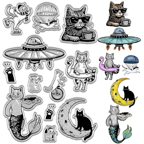 CRASPIRE Katze Clear Rubber Stamps Mermaid Cats Fallschirm Cats Skating Cats Cats On The Moon Vintage Transparent Silicone Stamp Seals for Card Making Decoration Handmade Photo Album DIY Scrapbooking von craspire