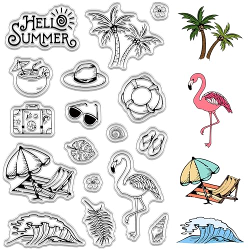 CRASPIRE Klare Stempel „Sommerurlaub“, Hawaii-Tropen-Kokosnussbaum-Strand-Flamingo, Wiederverwendbar, Retro, Transparent, Silikon-Stempelsiegel Für Urlaubskarten, Dekoration, DIY, Scrapbooking-Zubehör von craspire