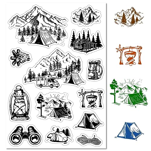 craspire Mountain Camping Clear Rubber Stamp Vintage Forest Tent Retro Transparent Silicone Seals Stamp for Journaling Card Making DIY Scrapbooking Handmade Photo Album Notebook Decor 6.3 x 4.3inch von craspire