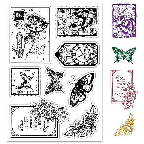 craspire Rose Clear Rubber Stamps Butterfly Manuscript Words Post Cards Poststempel Transparent Vintage Clock Silicone Seals Stamp Journaling Card Making DIY Scrapbooking Photo Album Decorative von craspire