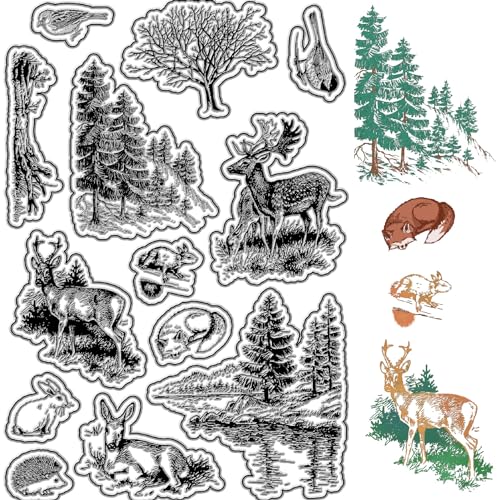 CRASPIRE Tree Clear Stamps Wald Hirsch Kaninchen Igel Fuchs Vogel Tiere Wiederverwendbarer Hintergrund Poststempel Transparent Silikon Stempel Dichtungen für Journaling Kartenherstellung Dekor DIY von craspire