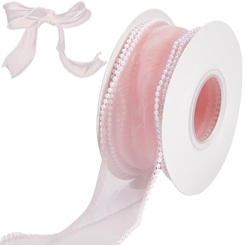 craspire 1-3/5 Zoll Rosa Chiffonband Mit Draht 5 Yards Durchsichtiger Tüll Massive Rolle Mit Organza Perlenbändern Verdrahtet Gewebt Für Geschenkverpackungen Hochzeitssträuße Heimdekoration Haar von craspire