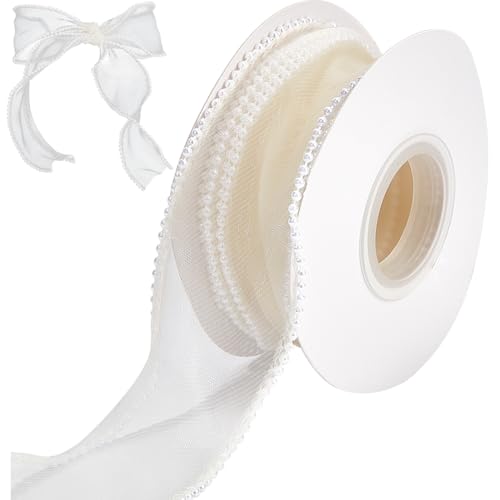 craspire 1-3/5 Zoll Weißes Chiffonband Mit Draht 5 Yards Durchsichtiger Tüll Massive Rolle Mit Organza Perlenbändern Verdrahtet Gewebt Für Geschenkverpackungen Hochzeitssträuße Heimdekoration Haar von craspire