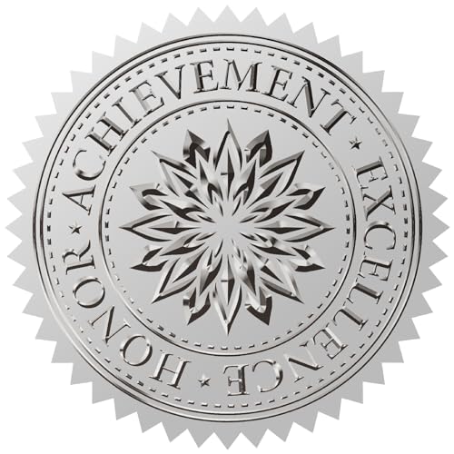 craspire 100 Stück 2,(1) cm Florale Silberfolienaufkleber Achievement Excellence Honor Words Silber Geprägte Umschlagsiegelaufkleber Runde Selbstklebende Aufkleber Medaillendekorationsetikett von craspire