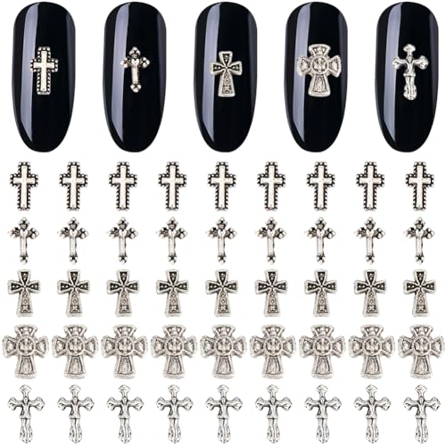 craspire 100 Stück Kreuz-Nagel-Charms 3D 5 Stil Y2K Metalllegierung Silber Flache Nagel-Edelstein-Set Gothic Vintage Punk Nieten Dekor Für Frauen Nagelkunst DIY Schmuck Charms Weihnachtsdekorationen von craspire