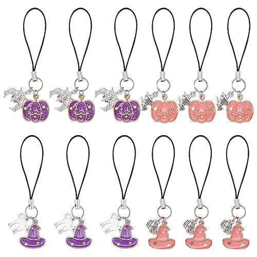 craspire 12 Stück Halloween-Handy-Email-Charms, 4 Stile, Hexe, Magische Hüte, Kürbis, Fledermaus, Katze, Anhänger, Schlüsselanhänger, Autoschlüssel, Hängende Geldbörsen-Anhänger, Geschenk von craspire